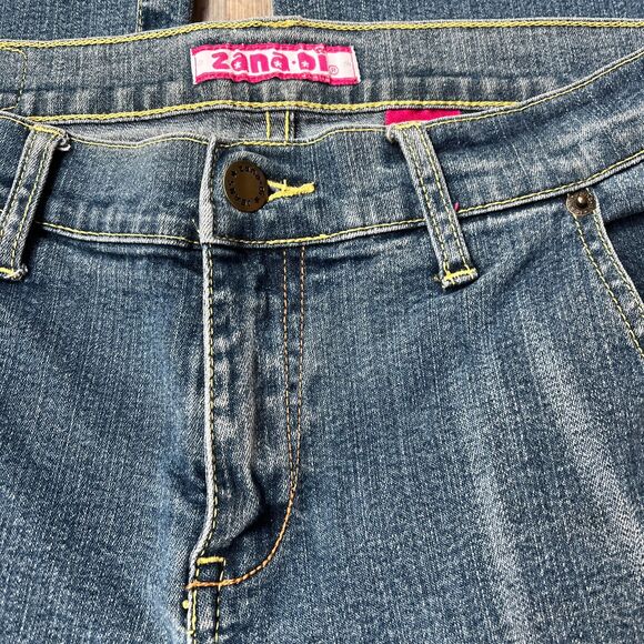 Y2K Flare Jeans Low Rise Dark Wash Yellow Stitch Hot Pink Blue Unique Grunge 29 - Picture 7 of 10